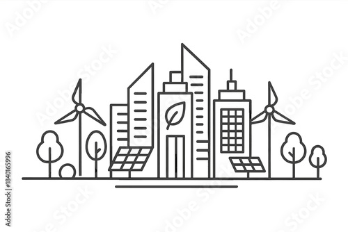 Sustainable urban landscape with skyscrapers, wind turbines, and solar panels