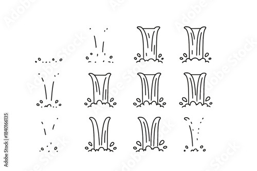 Twelve sequential animation frames illustrating water flow and waterfall effects in outline style