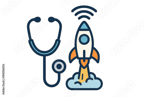 Stethoscope and launching rocket representing fast medical technology and telemedicine