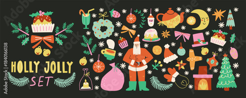 Christmas new year funky clipart. Holiday gifts, santa, christmas tree, christmas star, coziness. Holiday seasonal vector illustrations in retro groovy style