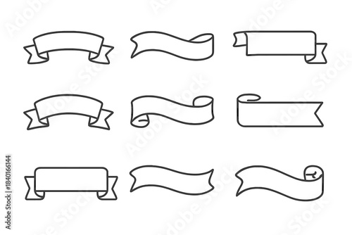 Collection of blank ribbon banners in thin line style suitable for titles and labels
