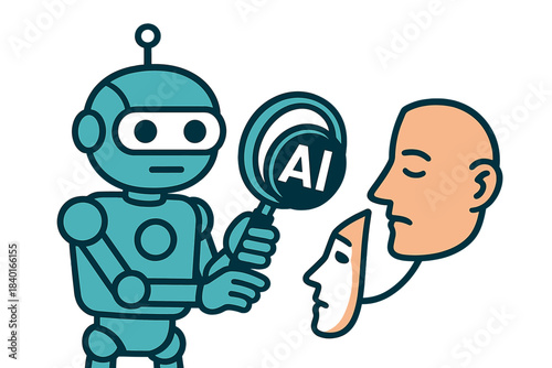 Robot examining a human face and identity mask with a magnifying glass