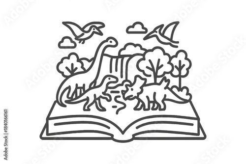 Prehistoric scene with various dinosaurs and flying reptiles popping out of an open storybook