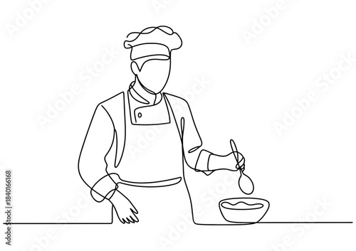 Line art illustration of a chef in uniform cooking, stirring food in a bowl with a spoon, single continuous line drawing