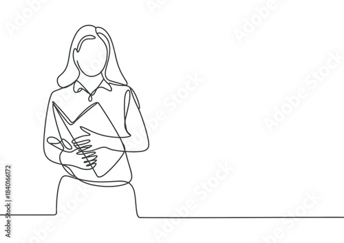 Continuous line drawing of a woman in a blouse and skirt holding an open book, minimalist art style.