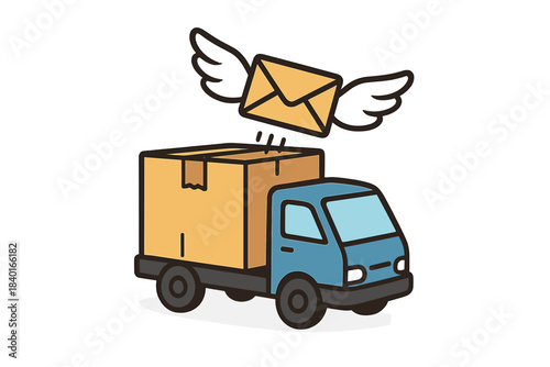 Blue delivery truck transporting a cardboard box with a flying winged envelope icon