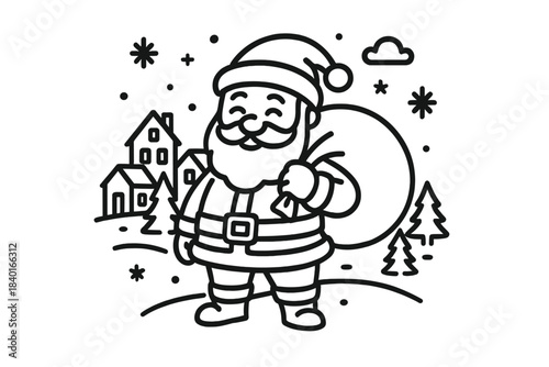 Happy Santa Claus carrying a large sack of Christmas gifts in a snowy winter village scene