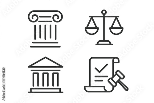 Line icons collection symbolizing law, justice, legal authority, scales, column, and court symbols