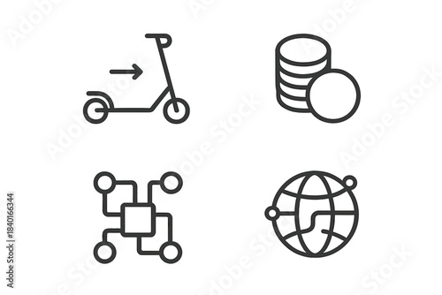 Outline symbols for shared mobility, digital finance, blockchain, and global communication