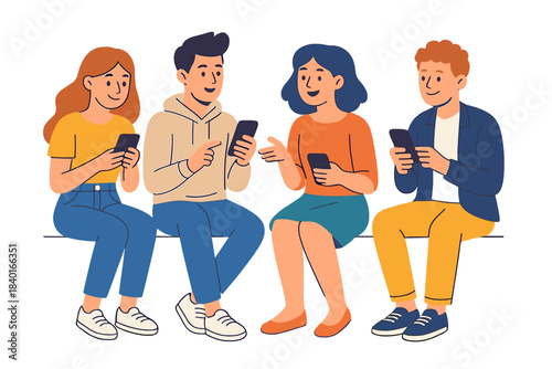 Diverse young people sitting, communicating, and using mobile phones for social media