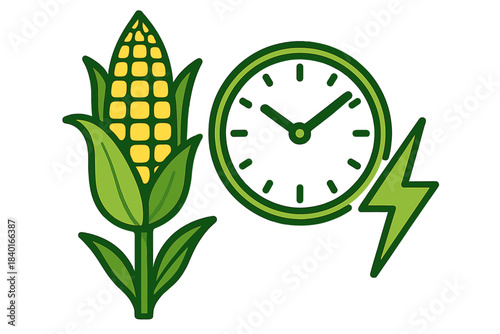 Corn stalk, clock, and lightning bolt icon representing biofuel speed and efficiency