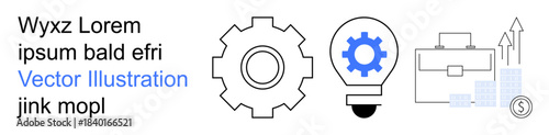 Innovation, business development, productivity, strategy, entrepreneurship, growth. Gear and light bulb next to a briefcase with a graph. Innovation and business development