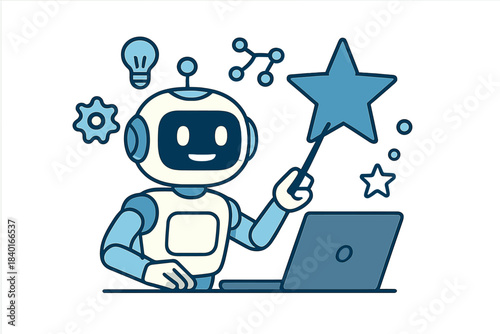 Friendly robot character using a laptop and holding a magic wand symbolizing creative technology solutions
