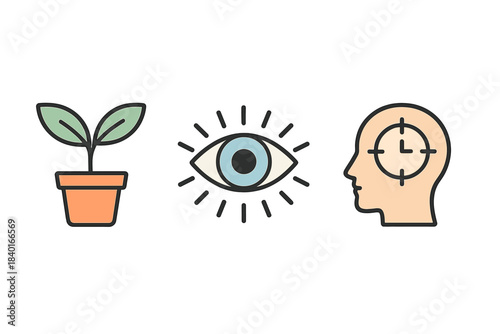 Set of three colored icons symbolizing personal growth, focused vision, and time management