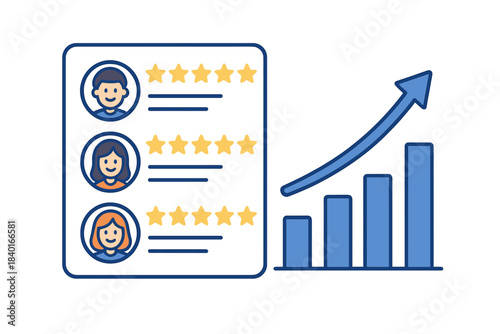 Customer satisfaction ratings leading to business growth and positive performance metrics displayed on a chart