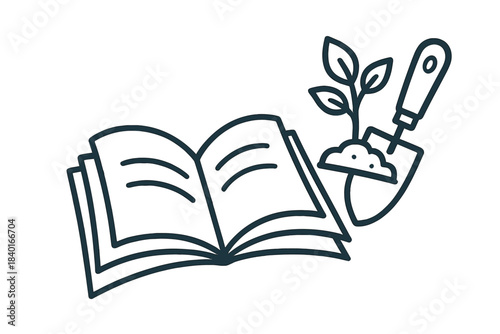 Open book and gardening trowel with a small growing plant seedling symbolizing education and nature