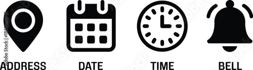 Collection of four icons representing location, calendar, clock, and notification with their respective labels below, designed in a simple geometric style