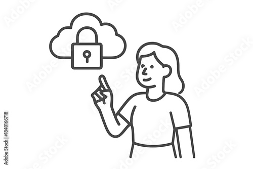Woman pointing at a secured cloud storage icon for data security and digital protection