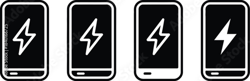 Four smartphone icons representing battery charging status with lightning bolt symbols