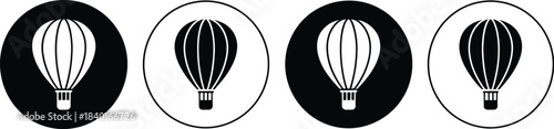 Set of four black and white circular icons featuring hot air balloons