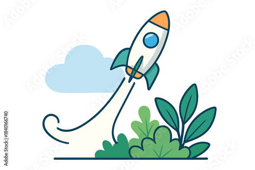 Modern stylized rocket ship launching rapidly from a vibrant green landscape into the blue sky