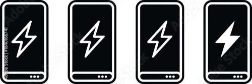 Set of four battery charge icons in black and white, illustrating different levels of power