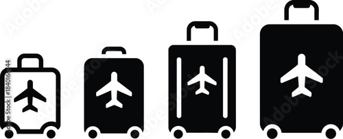 Vector illustration of four suitcases of varying sizes with airplane icons, symbolizing travel and luggage
