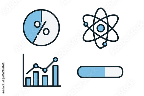 Financial data visualization, atomic structure, and loading progress concepts represented by simple outline symbols