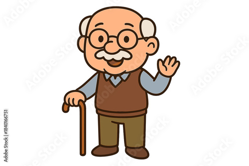 Cheerful senior gentleman wearing glasses and vest waving hand and holding a walking cane