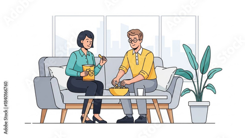 Couple relaxing on sofa eating snacks and talking modern living room illustration concept for leisure and home life