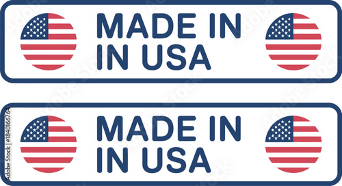 Each of two identical labels shows a simplified representation of 'Made in USA' text flanked by flag symbols against a white rectangular background