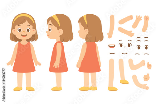 Cute little girl character model with interchangeable body parts and various poses