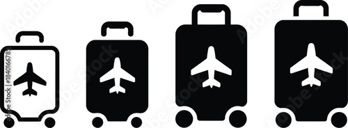 Set of four black and white stylized suitcases, varying in size, each featuring a minimalist airplane silhouette, perfect for travel and tourism themes
