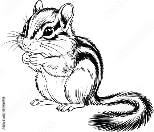 Line art illustration of a chipmunk, standing and holding food, with rounded body, prominent pointed ears, and a long bushy tail, showing striped fur