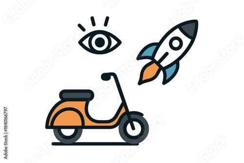 Collection of modern outlined icons featuring an eye, a space rocket, and a vintage scooter or moped