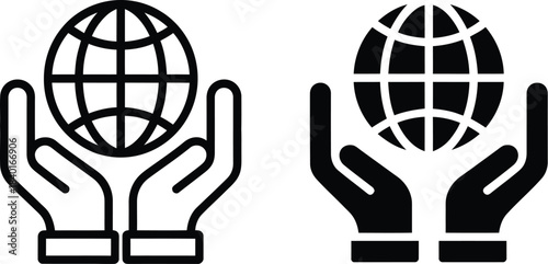 Vector icons in outline and solid styles depict hands gently cradling a grid globe, symbolizing global responsibility, environmental protection, and worldwide human connection