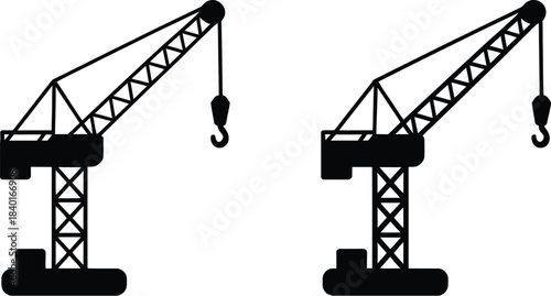 Two silhouette construction cranes side-by-side, one detailed with truss structure, both with hook