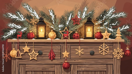 Festive Christmas mantelpiece with evergreen branches lanterns and ornaments cozy holiday decor for winter season celebrations