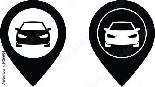 Two stylized car location marker icons, one outlined and one solid silhouette, representing navigation and automotive services