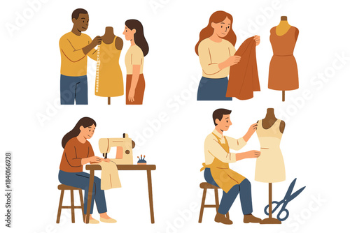 Fashion designers and tailors working with sewing machines and mannequins