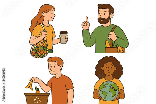 Diverse group practicing sustainable living with reusable bags and composting