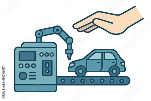 Automated car manufacturing process on a conveyor belt with a large protective hand hovering