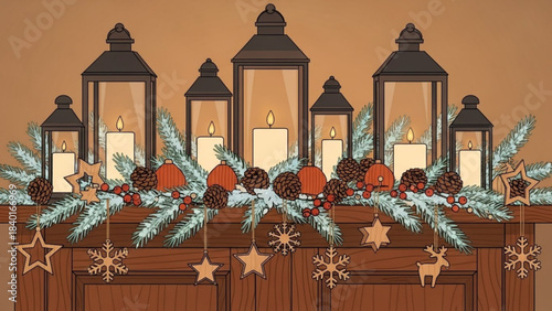 Christmas garland with lanterns and candles festive winter decoration for fireplace cozy holiday season illustration