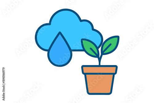Cloud raining a large water drop onto a small green plant growing in a terracotta pot