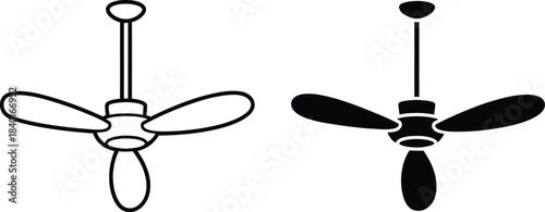 Vector illustration of a ceiling fan in black outline and solid black, perfect for home improvement and interior design projects
