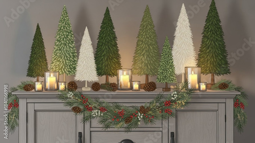 Collection of festive Christmas trees and candles decorated mantelpiece with garland and pinecones cozy holiday home decor