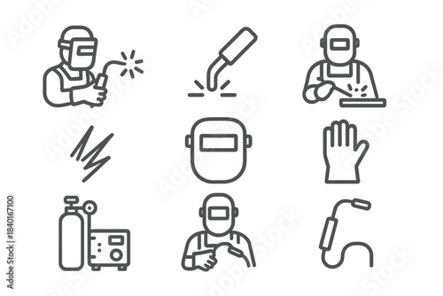 Professional welding equipment and worker safety symbols featuring mask, torch, and sparks