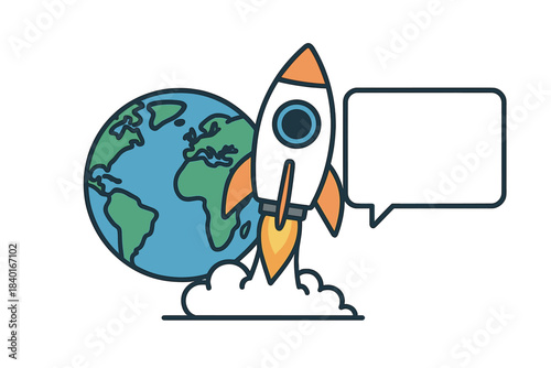 Colorful rocket ship launching into space next to planet Earth with an empty communication bubble