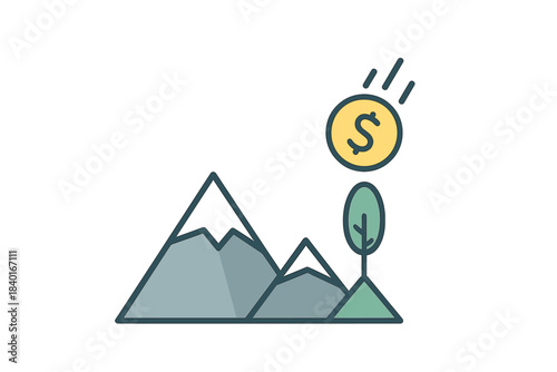 Falling dollar coin symbolizing financial risk and investment loss over mountains and tree