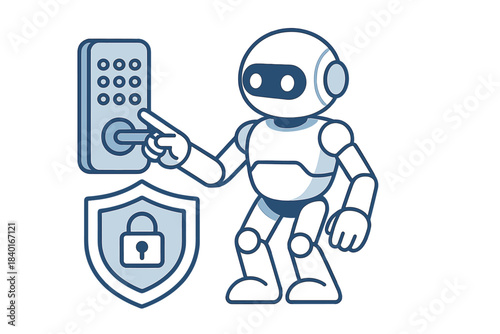 White futuristic robot character using a digital keypad for smart home access control and security protection